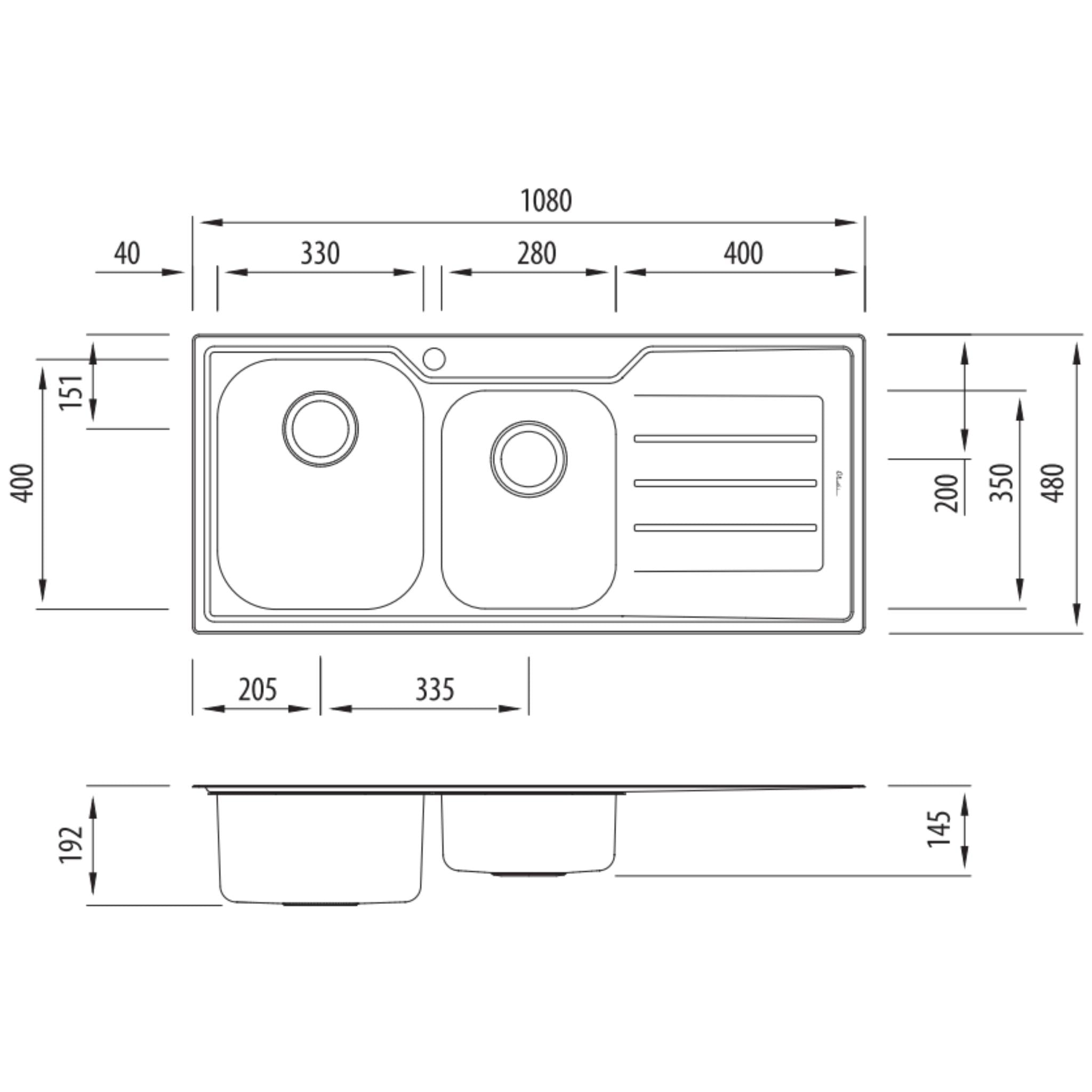 OLIVERI FLINDERS 1 & 3/4 BOWL TOPMOUNT KITCHEN SINK WITH DRAINER STAINLESS STEEL 1080MM