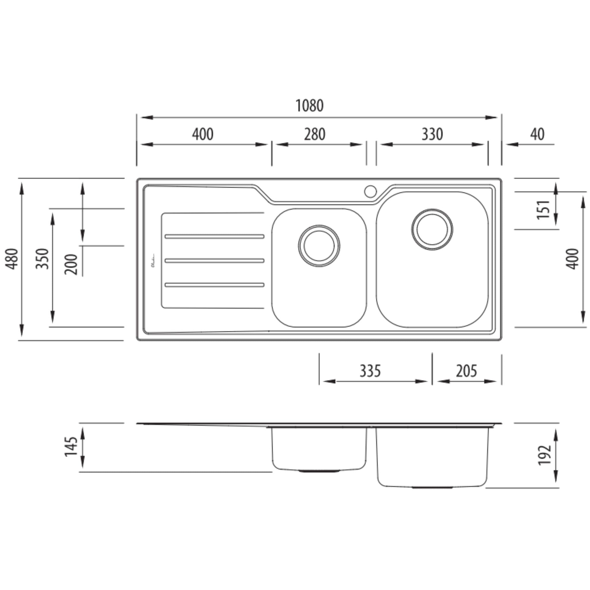 OLIVERI FLINDERS 1 & 3/4 BOWL TOPMOUNT KITCHEN SINK WITH DRAINER STAINLESS STEEL 1080MM