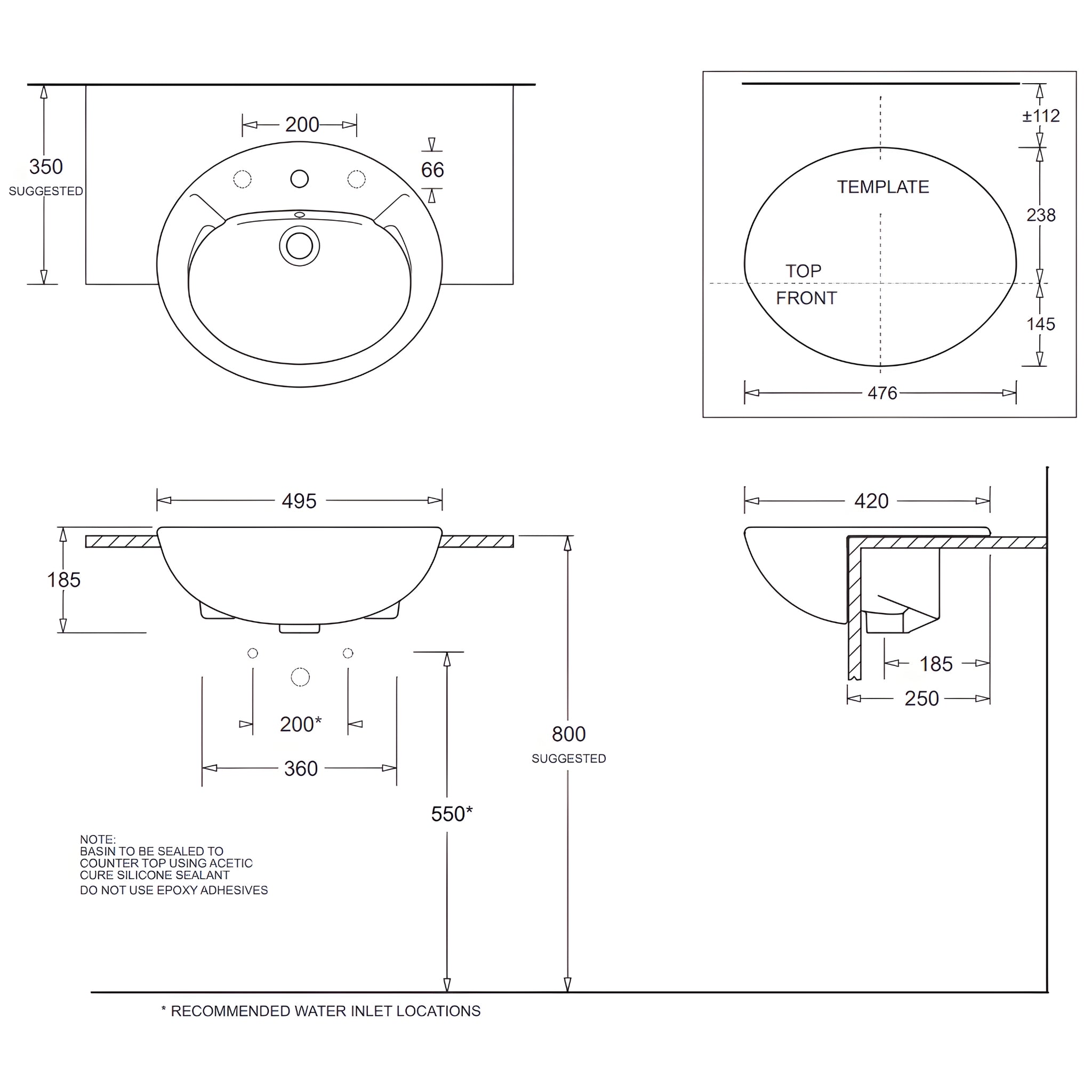 JOHNSON SUISSE AVON SEMI-RECESSED COUNTERTOP BASIN ONE TAPHOLE WITH JS BOTTLE TRAP AND CHROME POP-UP WASTE WHITE 495MM