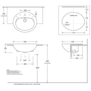 JOHNSON SUISSE AVON SEMI-RECESSED COUNTER TOP BASINS ONE TAPHOLE WITH JS BOTTLE TRAP AND CHROME POP-UP WASTE WHITE 495MM