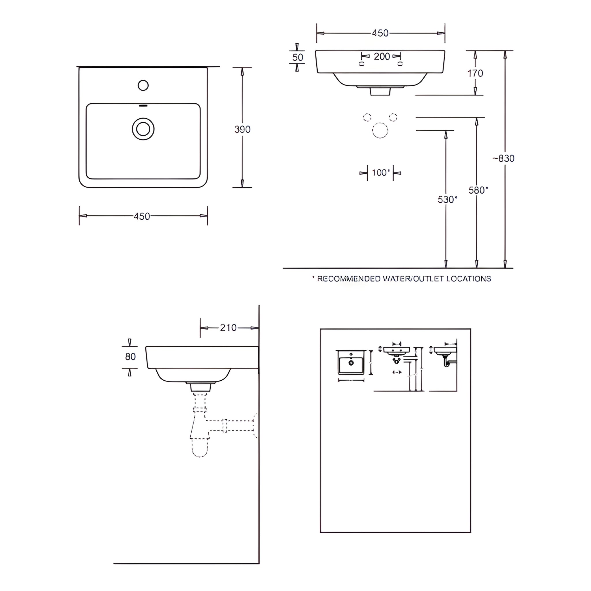 JOHNSON SUISSE QUADO RECTANGULAR WALL HUNG BASIN ONE TAPHOLE WITH BOTTLE TRAP WHITE 450MM