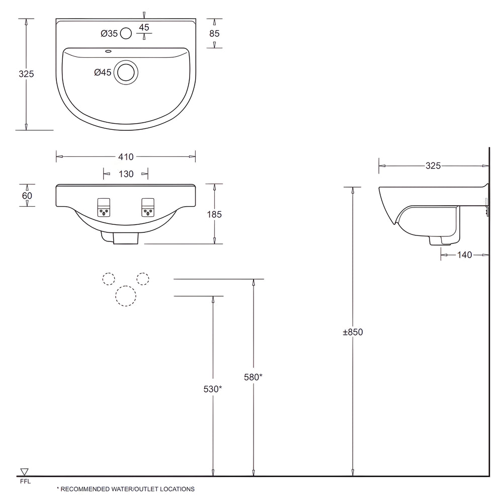JOHNSON SUISSE WINDSOR COMPACT WALL HUNG BASINS WHITE 410MM