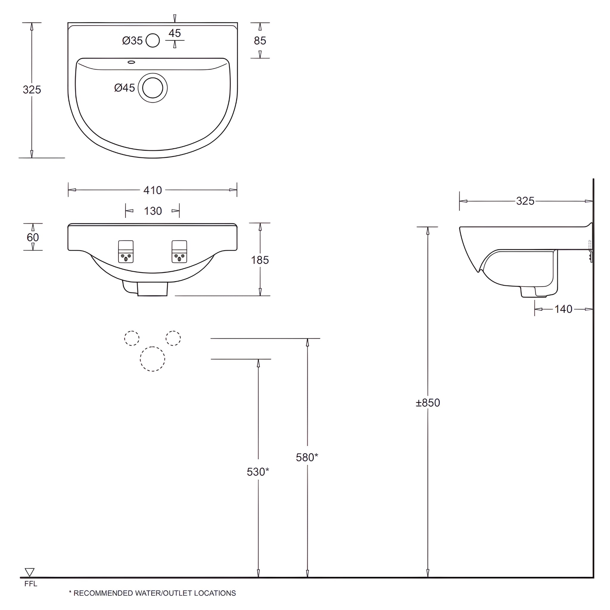 JOHNSON SUISSE WINDSOR COMPACT WALL HUNG BASIN WHITE 410MM