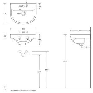 JOHNSON SUISSE WINDSOR COMPACT WALL HUNG BASINS WHITE 410MM