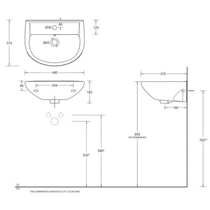 JOHNSON SUISSE WINDSOR COMPACT WALL HUNG BASINS WHITE 480MM