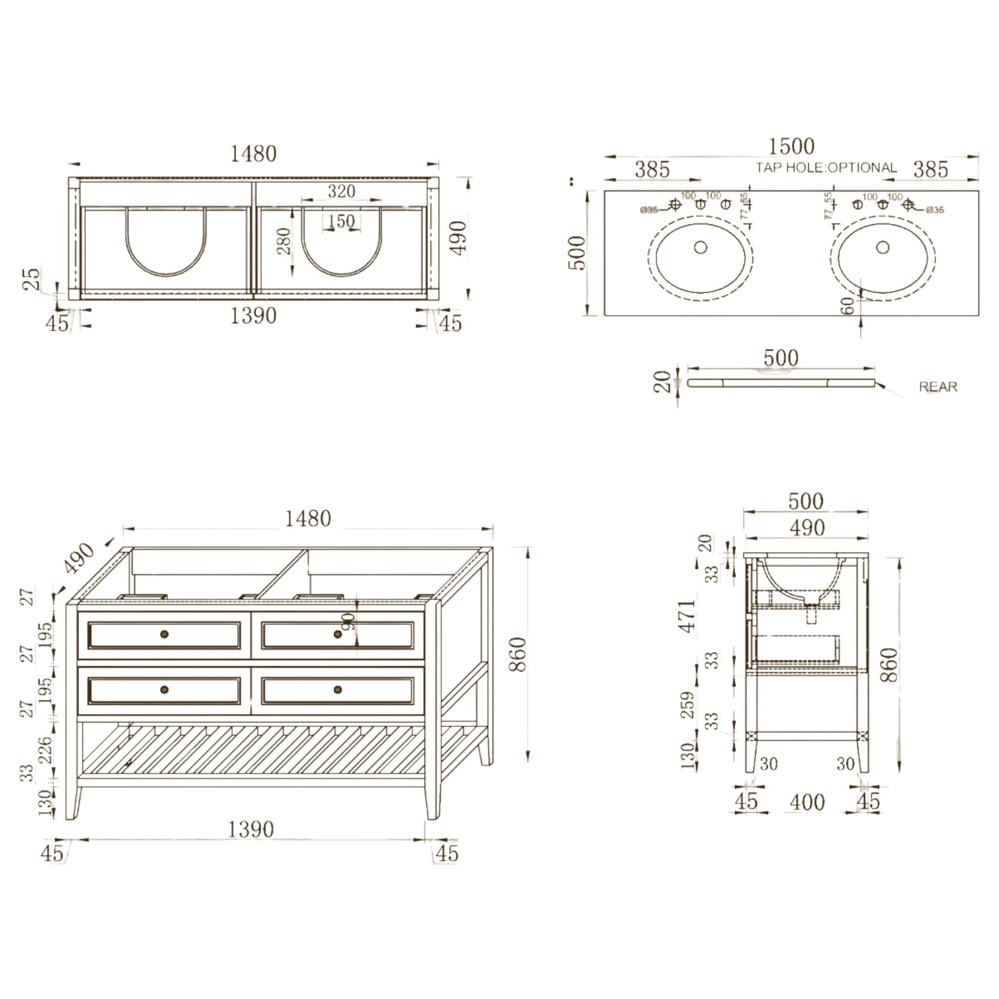 JOINERY BY BEARS AUDREY SAGEWOOD 1500MM DOUBLE BOWL FLOOR STANDING VANITY PACKAGE