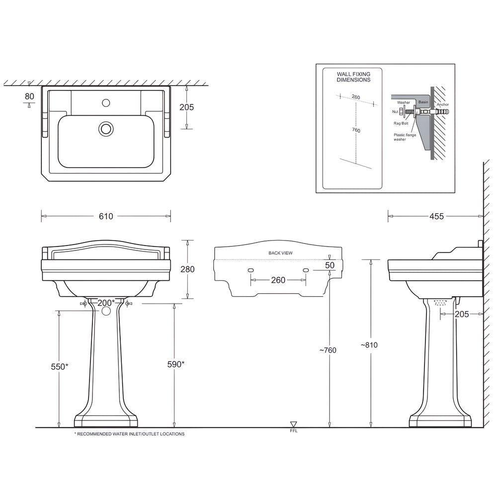 JOHNSON SUISSE COLONIAL WALL HUNG BASINS THREE TAPHOLE WHITE 610MM