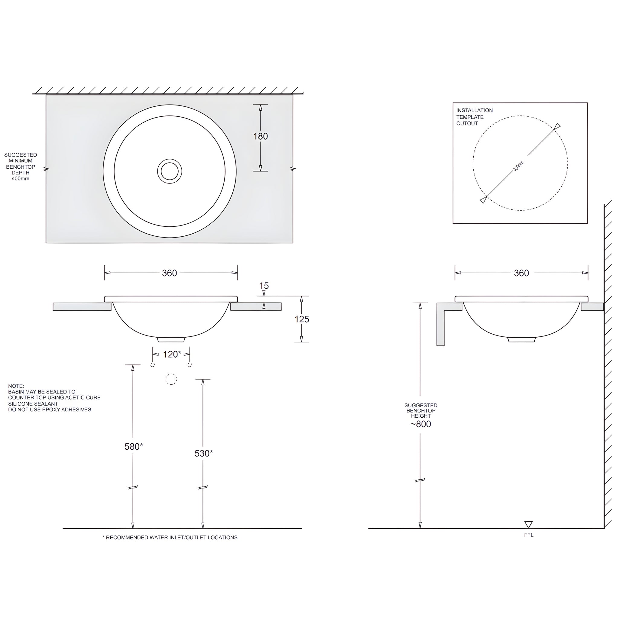 JOHNSON SUISSE EMILIA ROUND COMPACT VANITY TOP-MOUNT BASIN WHITE 360MM