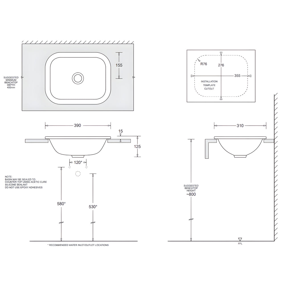 JOHNSON SUISSE EMILIA RECTANGULAR COMPACT VANITY TOP-MOUNT BASINS WHITE 390MM
