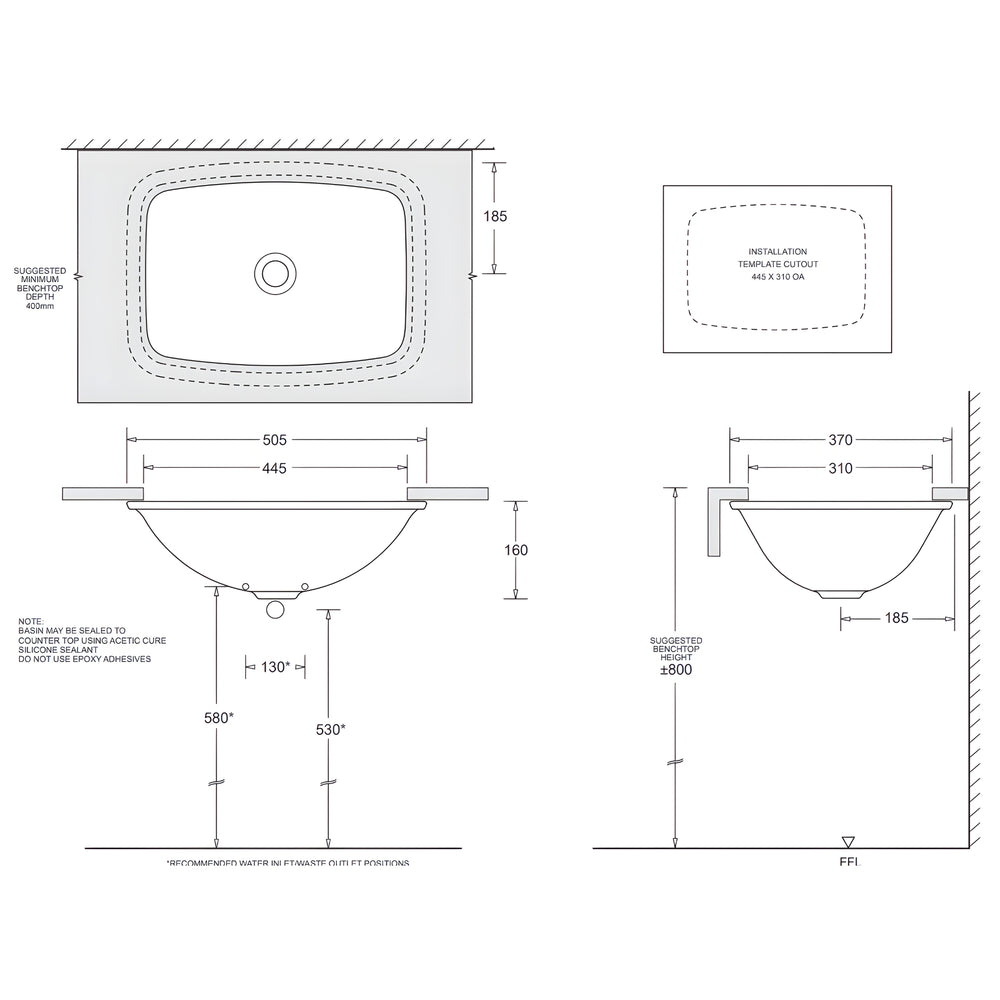 JOHNSON SUISSE EMILIA RECTANGULAR VANITY UNDER COUNTER BASINS WHITE 505MM
