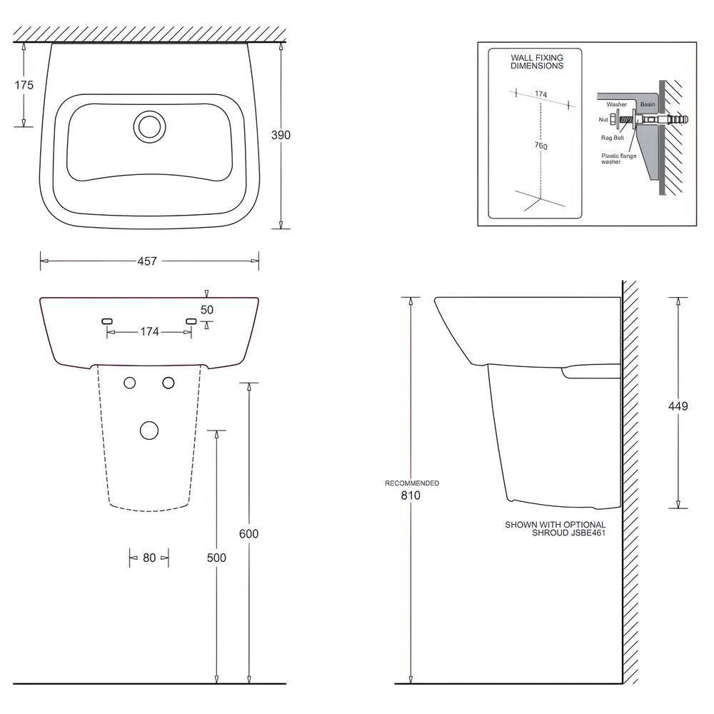 JOHNSON SUISSE EMILIA MK II WALL HUNG BASINS WHITE 457MM