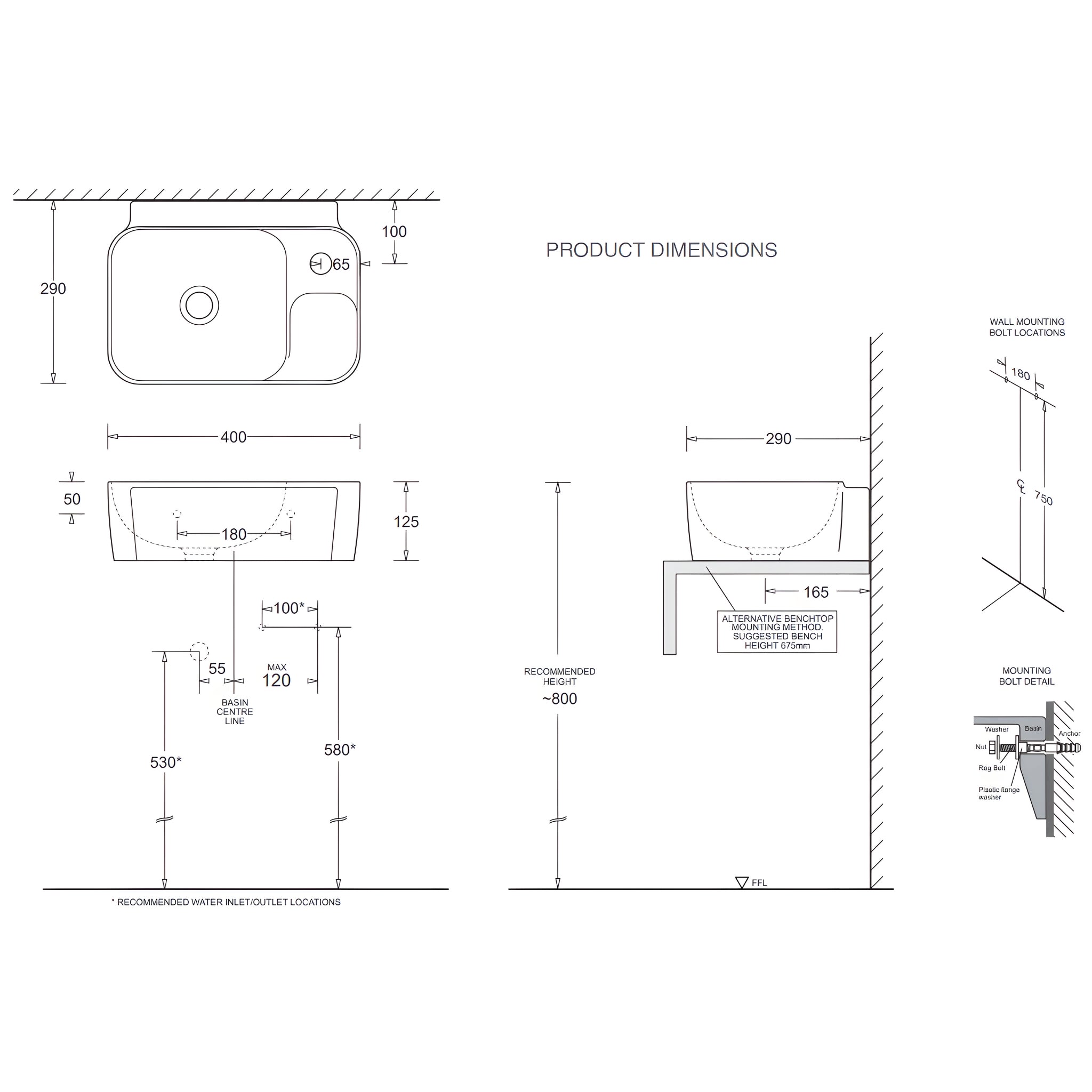 JOHNSON SUISSE GEMELLI COMPACT WALL HUNG BASIN WHITE 400MM