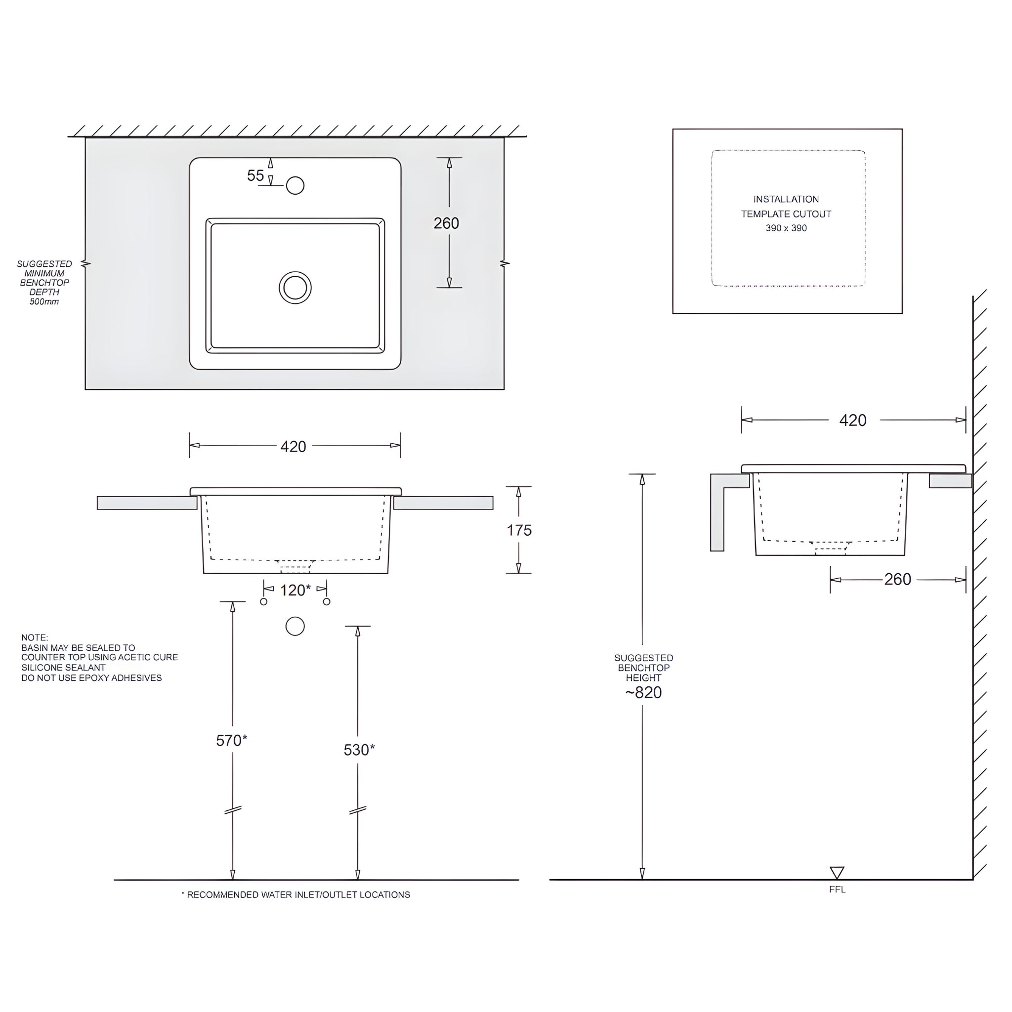 JOHNSON SUISSE QUADO SQUARE VANITY TOP MOUNT BASIN WHITE 420MM