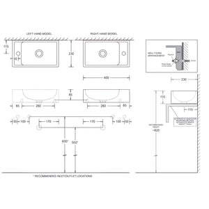 JOHNSON SUISSE QUADO COMPACT ABOVE COUNTER / WALL HUNG BASINS LEFT TAPHOLE WHITE 400MM