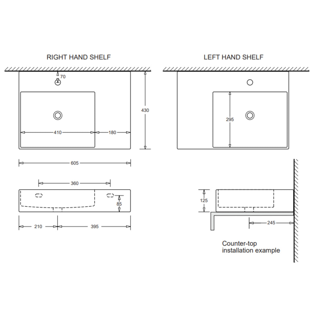 JOHNSON SUISSE QUADO RECTANGULAR LEFT HAND SHELF BASINS ONE TAPHOLE WITH PLUG AND WASTE WHITE 605MM