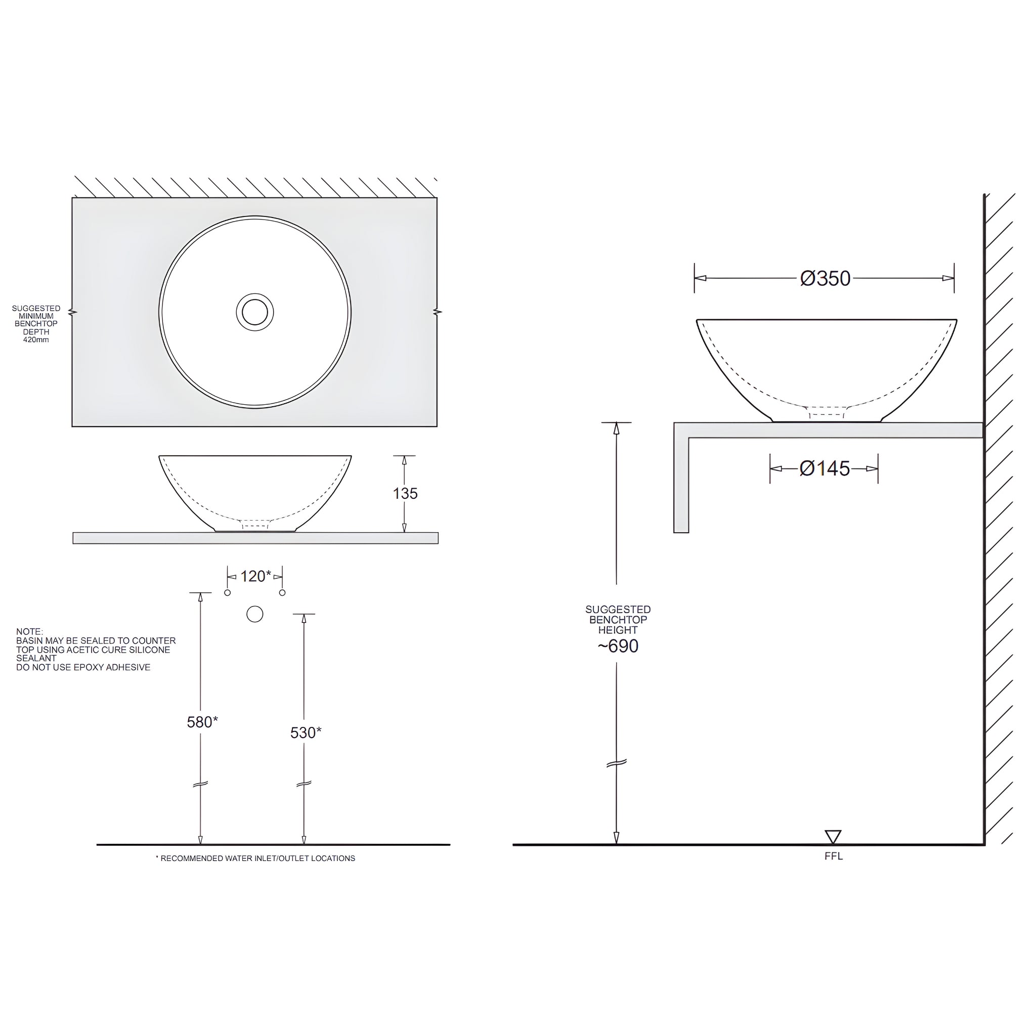 JOHNSON SUISSE VENEZIA ROUND COUNTERTOP BASIN MATTE BLACK WITH CHROME POP-UP WASTE 350MM
