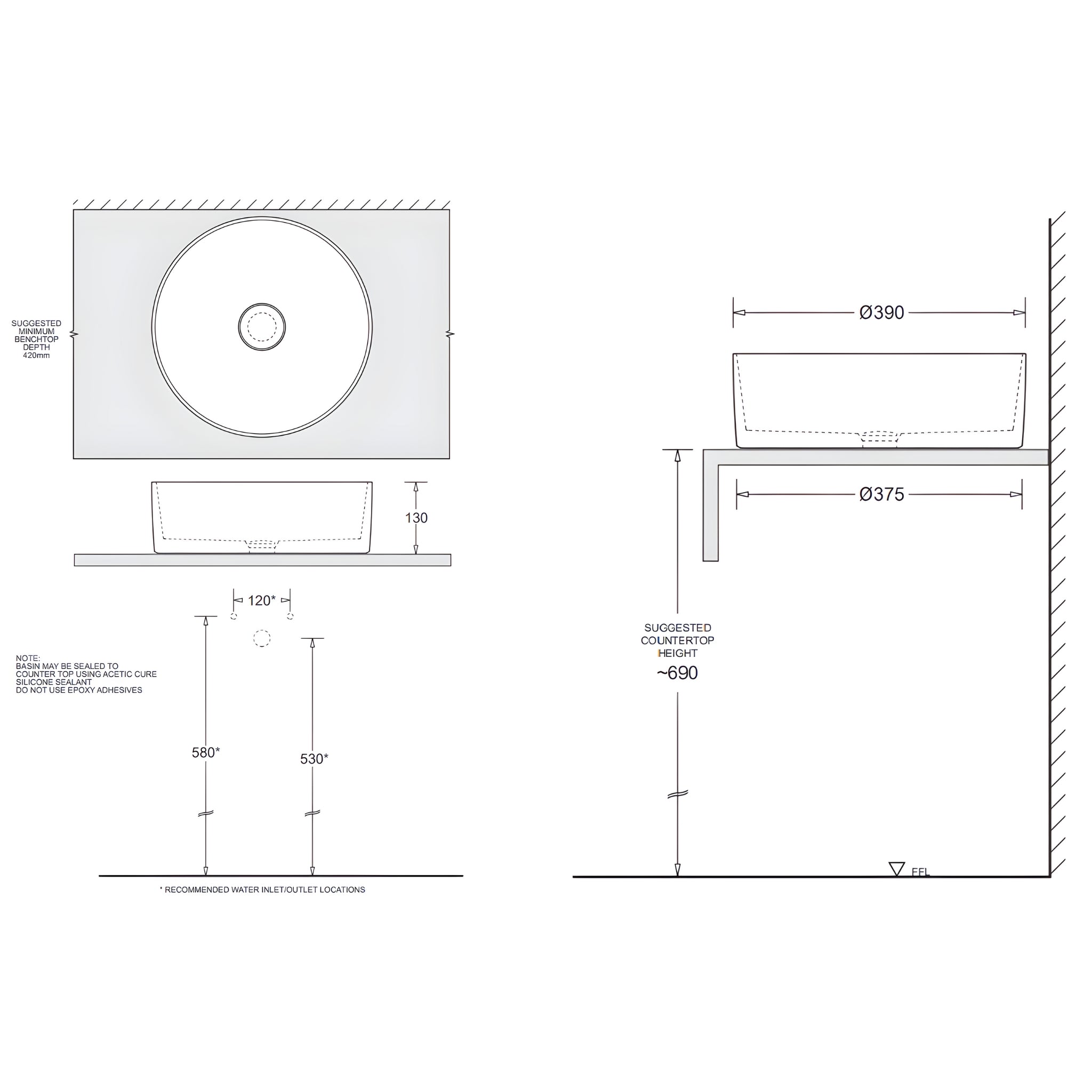 JOHNSON SUISSE VENEZIA ROUND COUNTERTOP BASIN MATTE BLACK WITH CHROME POP-DOWN WASTE 350MM