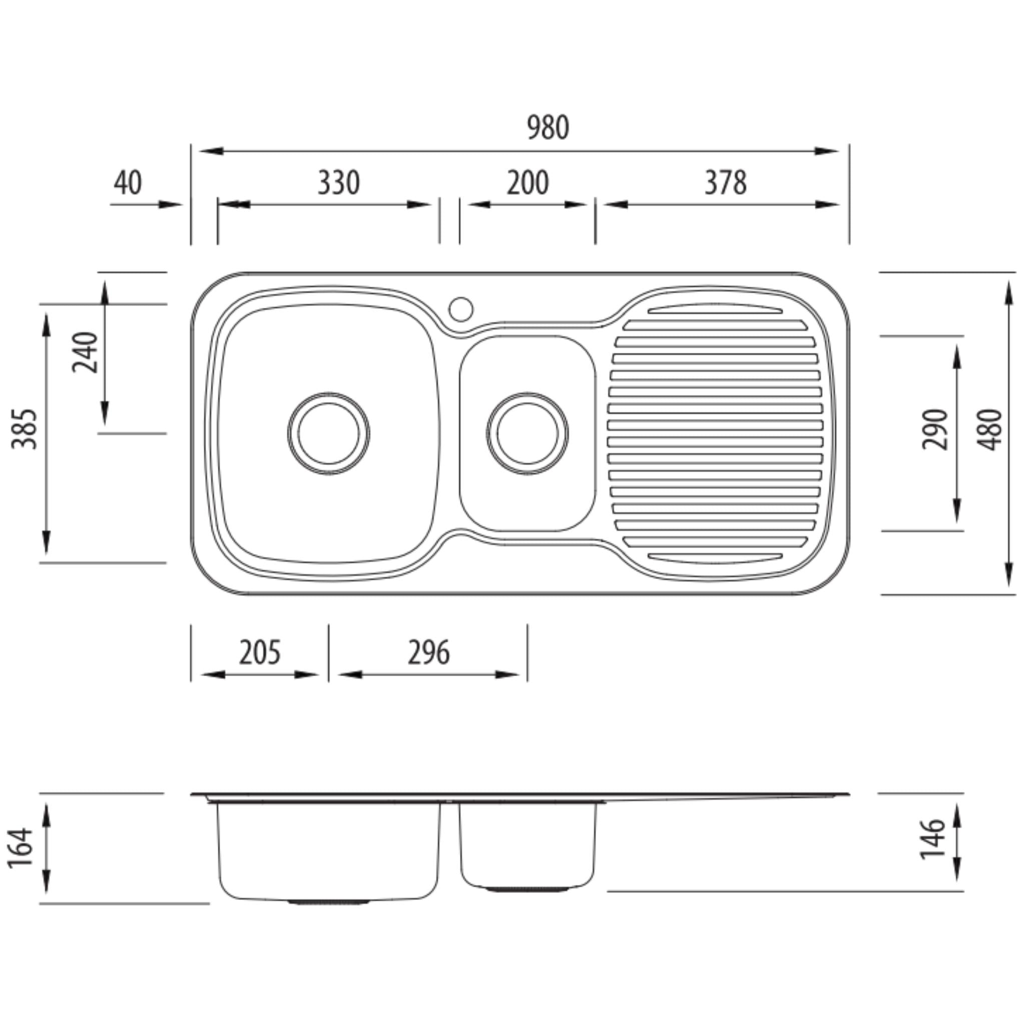 OLIVERI LAKELAND 1 & 1/2 BOWL TOPMOUNT ALFRESCO AND KITCHEN SINK WITH TAPHOLE & DRAINER STAINLESS STEEL 980MM