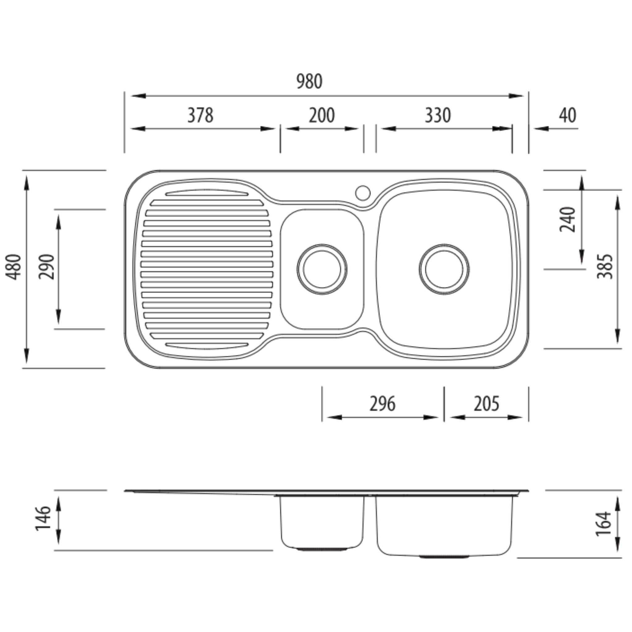 OLIVERI LAKELAND 1 & 1/2 BOWL TOPMOUNT ALFRESCO AND KITCHEN SINK WITH TAPHOLE & DRAINER STAINLESS STEEL 980MM