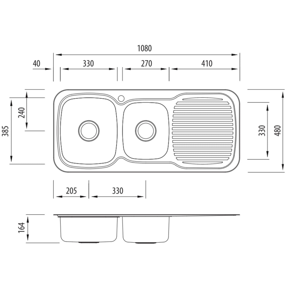 OLIVERI LAKELAND 1 & 3/4 BOWL TOPMOUNT ALFRESCO AND KITCHEN SINK WITH TAPHOLE & DRAINER STAINLESS STEEL 1080MM