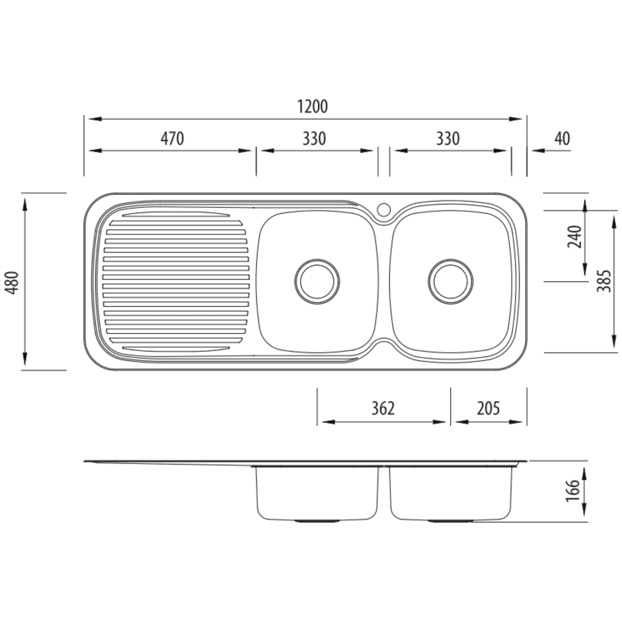 OLIVERI LAKELAND DOUBLE BOWL TOPMOUNT KITCHEN SINK WITH TAPHOLE & DRAINER STAINLESS STEEL 1200MM