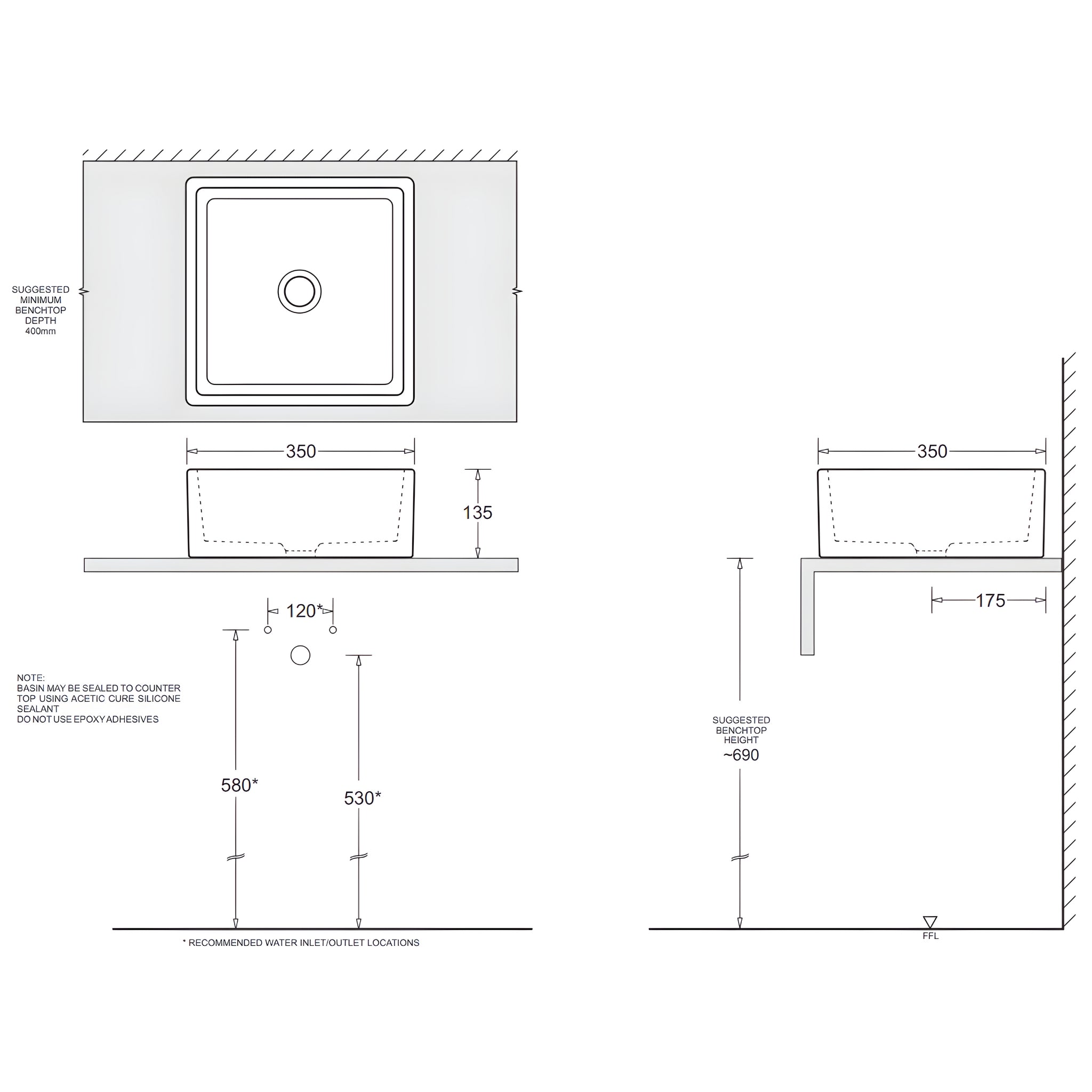 JOHNSON SUISSE ESTI SQUARE COUNTERTOP BASIN NO TAPHOLE WITH CHROME POP-UP WASTE WHITE 350MM