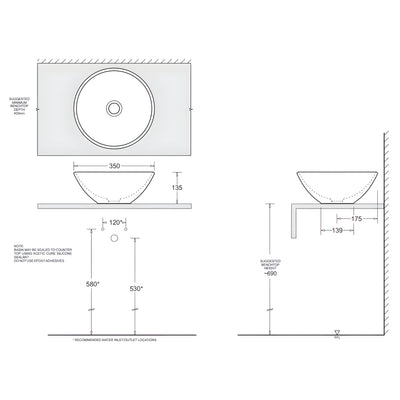 JOHNSON SUISSE ESTI ROUND COUNTER TOP BASINS NO TAPHOLE WITH CHROME POP-UP WASTE WHITE 350MM