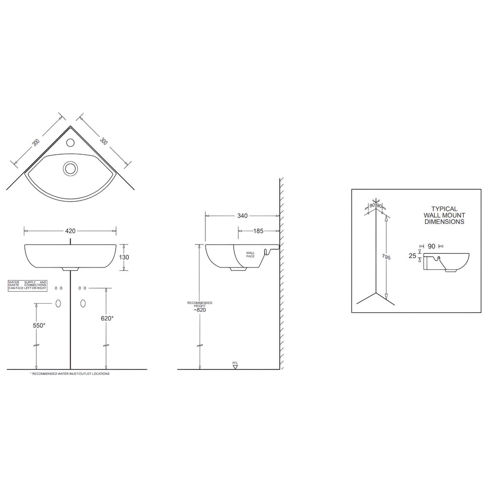 JOHNSON SUISSE MILANO CORNER WALL HUNG BASINS WHITE 300MM
