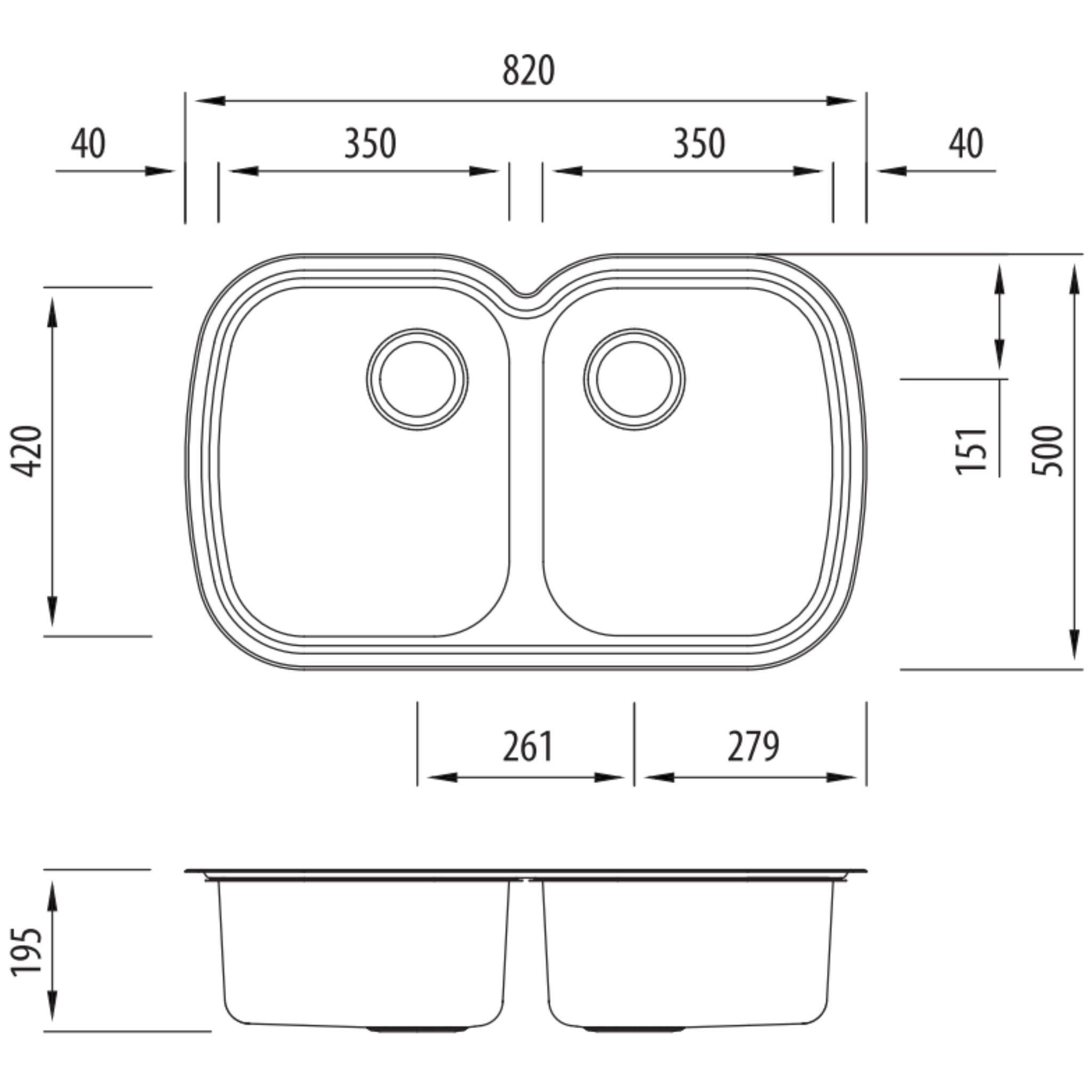 OLIVERI MONET DOUBLE BOWL UNDERMOUNT ALFRESCO AND KITCHEN SINK STAINLESS STEEL 820MM