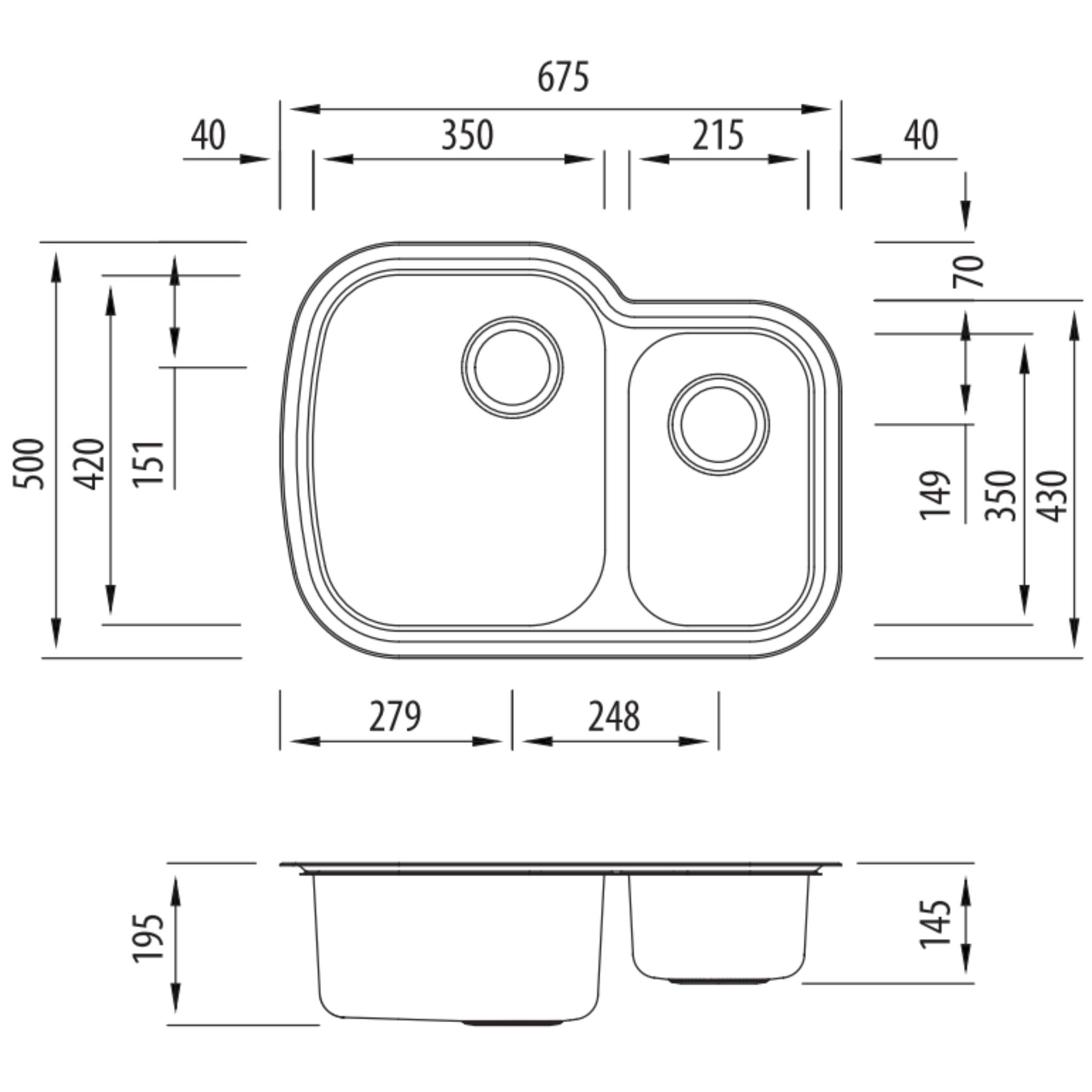 OLIVERI MONET 1 & 1/2 BOWL UNDERMOUNT ALFRESCO AND KITCHEN SINK STAINLESS STEEL 675MM
