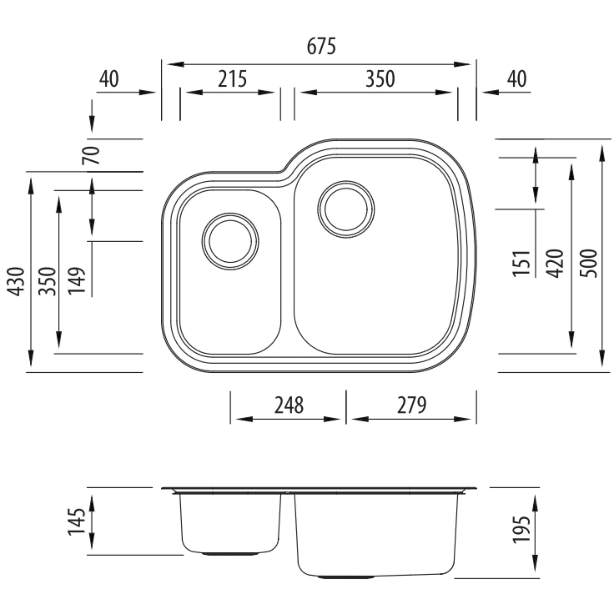 OLIVERI MONET 1 & 1/2 BOWL UNDERMOUNT ALFRESCO AND KITCHEN SINK STAINLESS STEEL 675MM