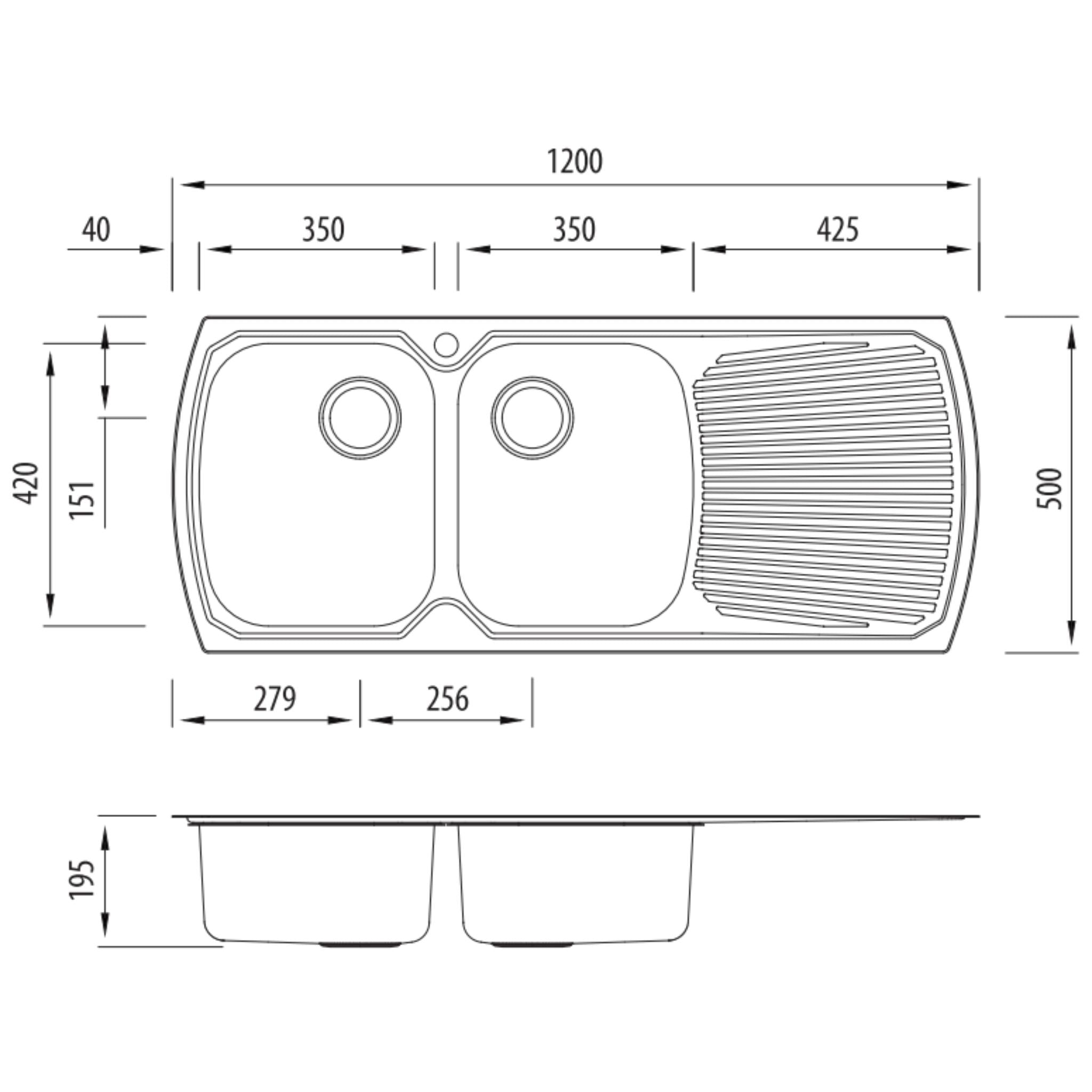 OLIVERI MONET DOUBLE BOWL TOPMOUNT KITCHEN SINK WITH TAPHOLE & DRAINER STAINLESS STEEL 1200MM