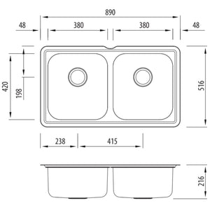OLIVERI NU-PETITE DOUBLE BOWL UNDERMOUNT ALFRESCO AND KITCHEN SINK STAINLESS STEEL 890MM