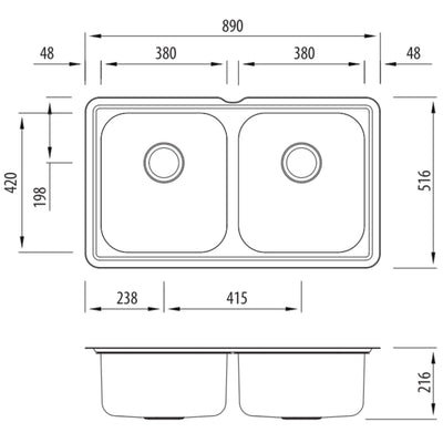 OLIVERI NU-PETITE DOUBLE BOWL UNDERMOUNT ALFRESCO AND KITCHEN SINK STAINLESS STEEL 890MM