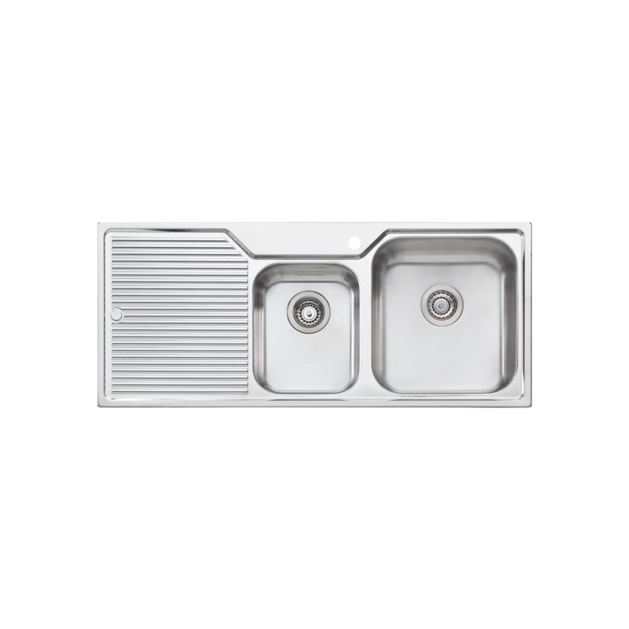 OLIVERI NU-PETITE 1 & 3/4 BOWL TOPMOUNT KITCHEN SINK WITH TAPHOLE & DRAINER STAINLESS STEEL 1150MM