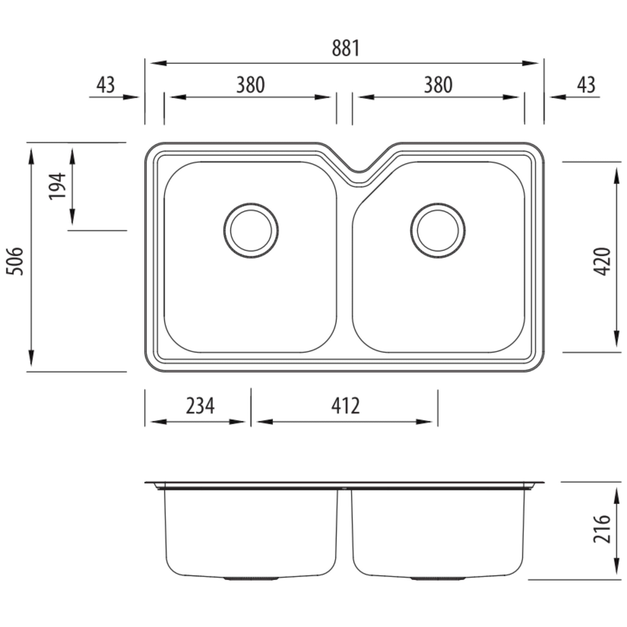 OLIVERI NU-PETITE DOUBLE BOWL UNDERMOUNT ALFRESCO AND KITCHEN SINK STAINLESS STEEL 881MM