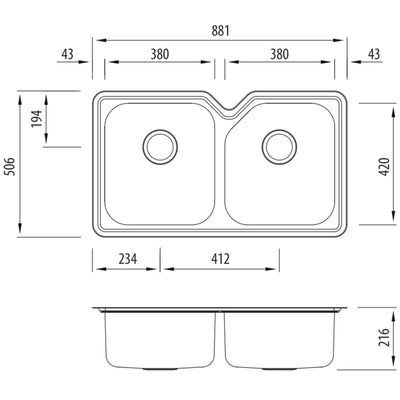OLIVERI NU-PETITE DOUBLE BOWL UNDERMOUNT ALFRESCO AND KITCHEN SINK STAINLESS STEEL 881MM
