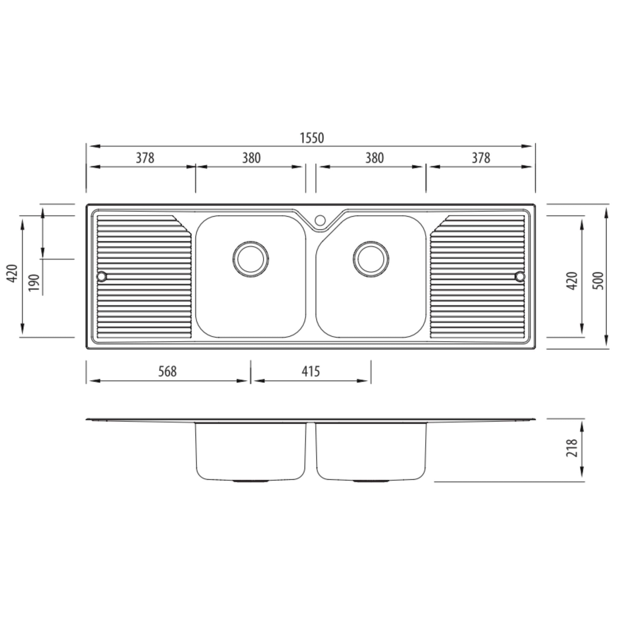 OLIVERI NU-PETITE DOUBLE BOWL TOPMOUNT KITCHEN SINK WITH TAPHOLE & DOUBLE DRAINER STAINLESS STEEL 1550MM