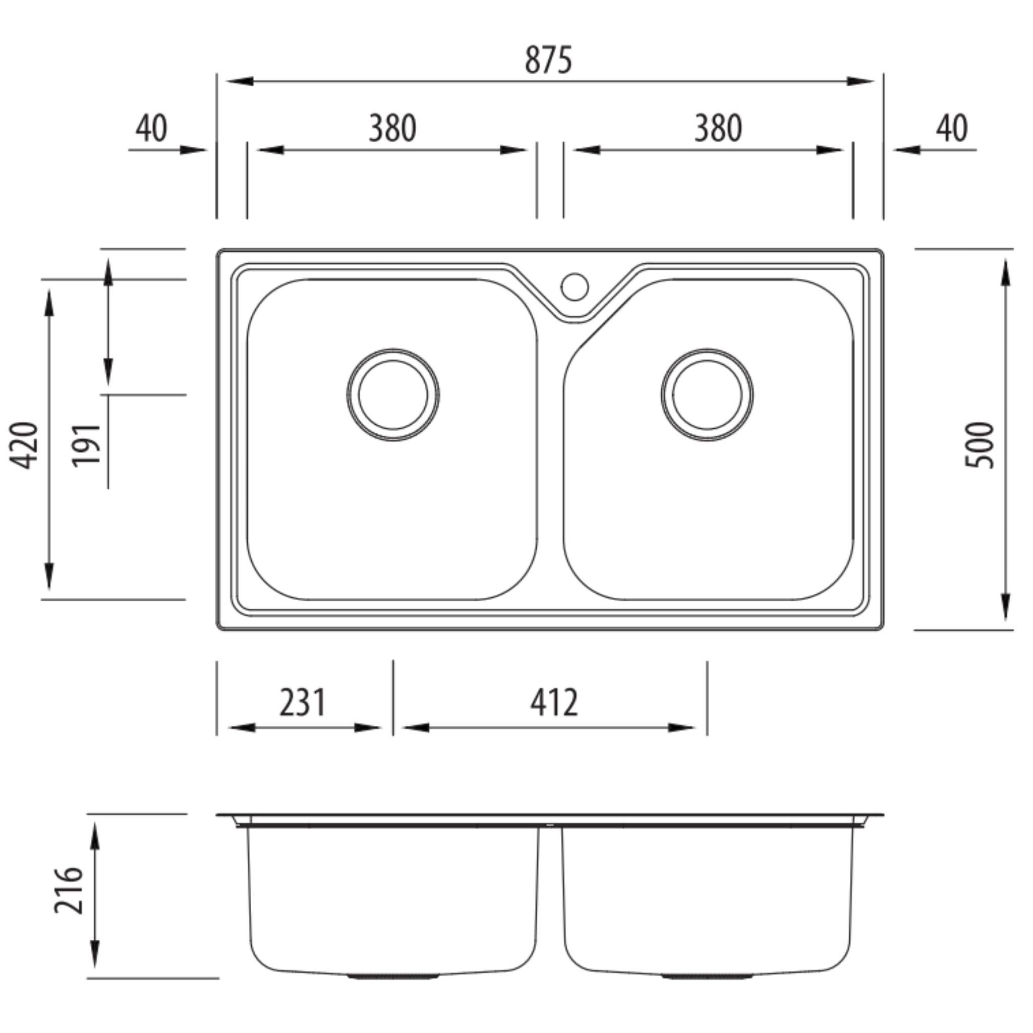 OLIVERI NU-PETITE DOUBLE BOWL ALFRESCO AND KITCHEN SINK WITH TAPHOLE STAINLESS STEEL 875MM