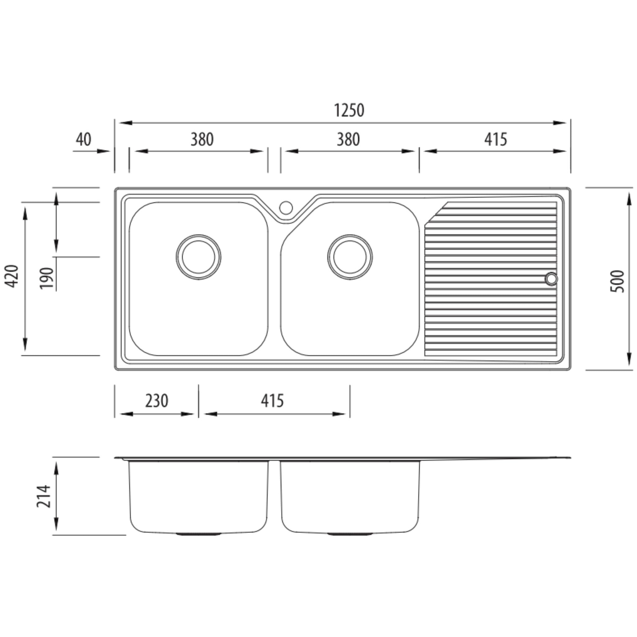 OLIVERI NU-PETITE DOUBLE BOWL TOPMOUNT KITCHEN SINK WITH TAPHOLE & DRAINER STAINLESS STEEL 1250MM