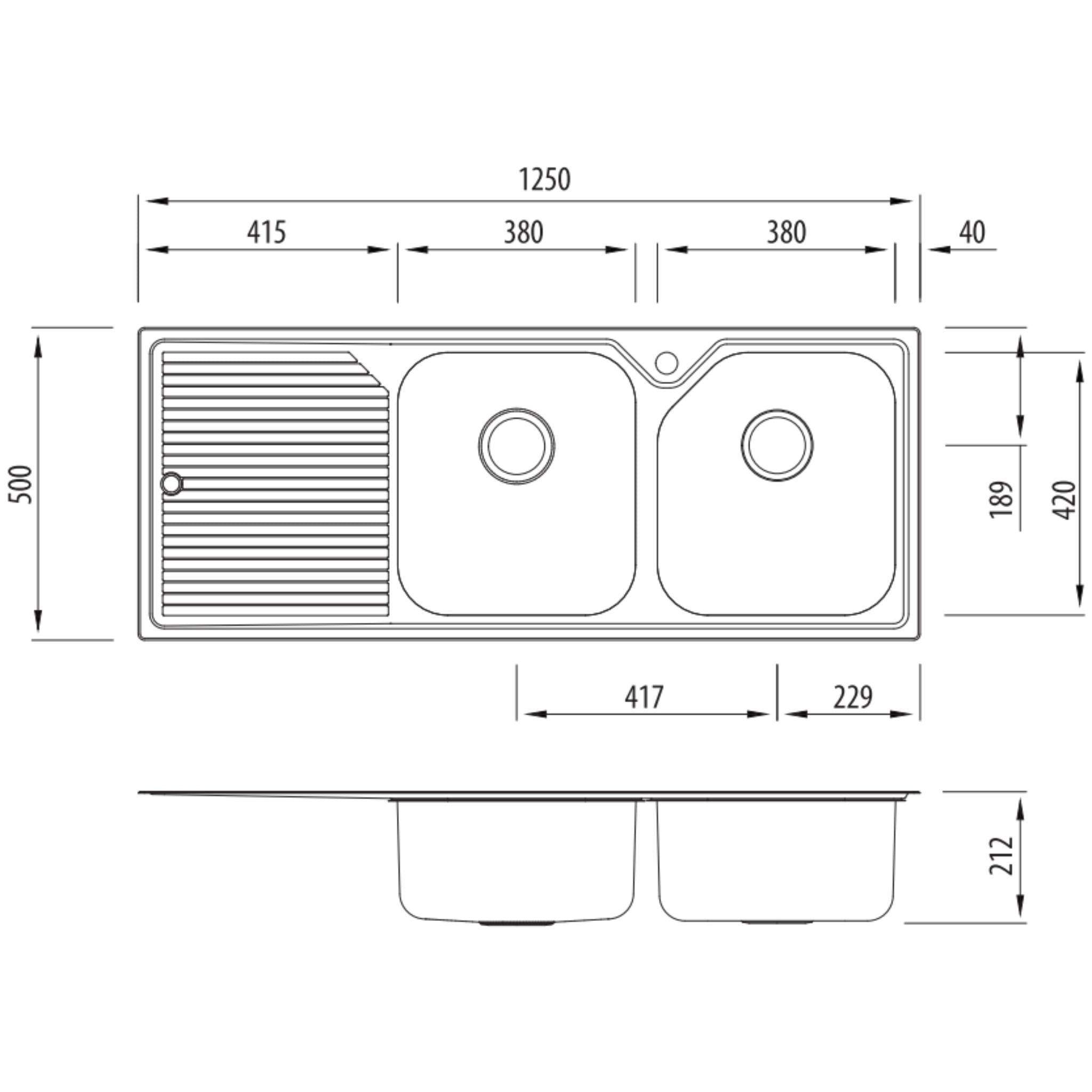 OLIVERI NU-PETITE DOUBLE BOWL TOPMOUNT KITCHEN SINK WITH TAPHOLE & DRAINER STAINLESS STEEL 1250MM