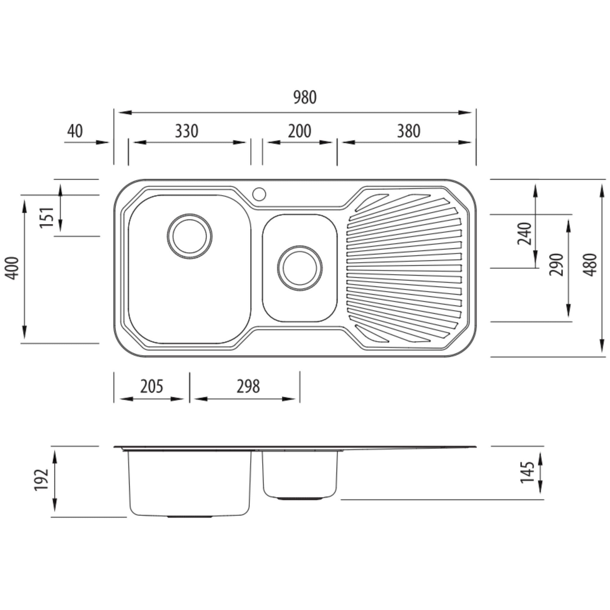 OLIVERI PETITE 1 & 1/2 BOWL TOPMOUNT ALFRESCO AND KITCHEN SINK WITH DRAINER STAINLESS STEEL 980MM