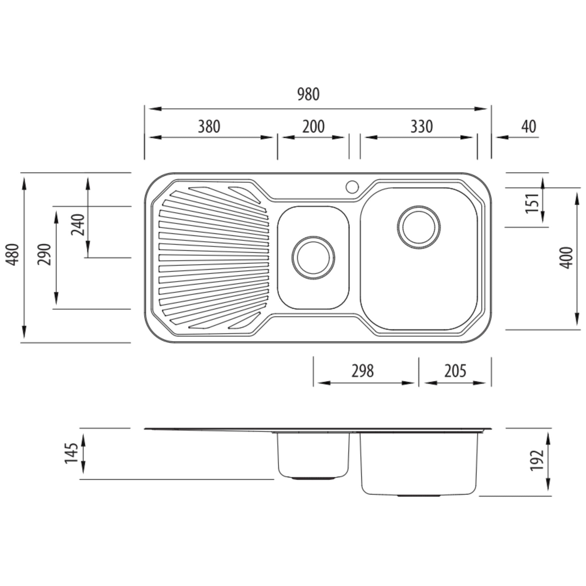 OLIVERI PETITE 1 & 1/2 BOWL TOPMOUNT ALFRESCO AND KITCHEN SINK WITH DRAINER STAINLESS STEEL 980MM