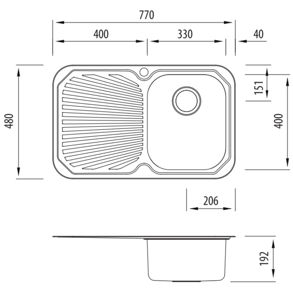 OLIVERI PETITE SINGLE BOWL TOPMOUNT ALFRESCO AND KITCHEN SINK WITH DRAINER STAINLESS STEEL 770MM