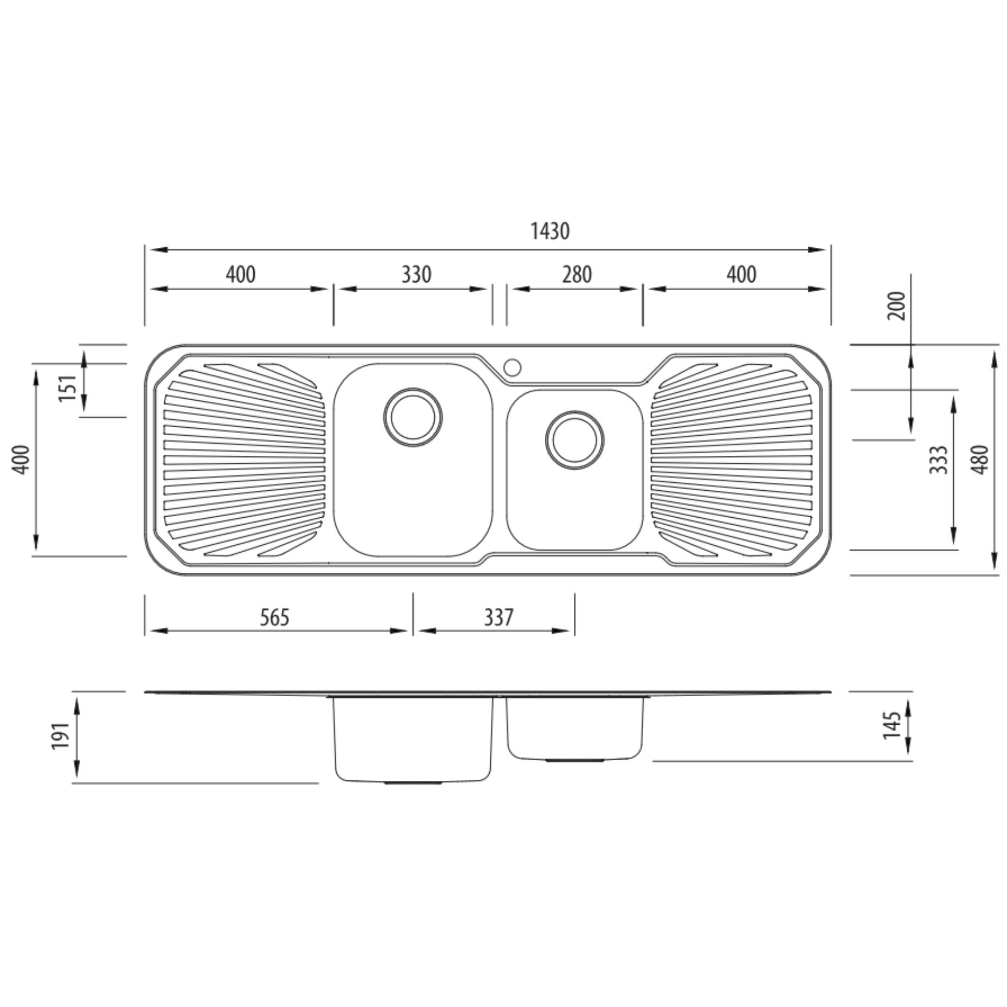 OLIVERI PETITE 1 & 3/4 BOWL TOPMOUNT KITCHEN SINK WITH DOUBLE DRAINER STAINLESS STEEL 1430MM
