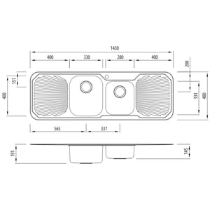 OLIVERI PETITE 1 & 3/4 BOWL TOPMOUNT KITCHEN SINK WITH DOUBLE DRAINER STAINLESS STEEL 1430MM