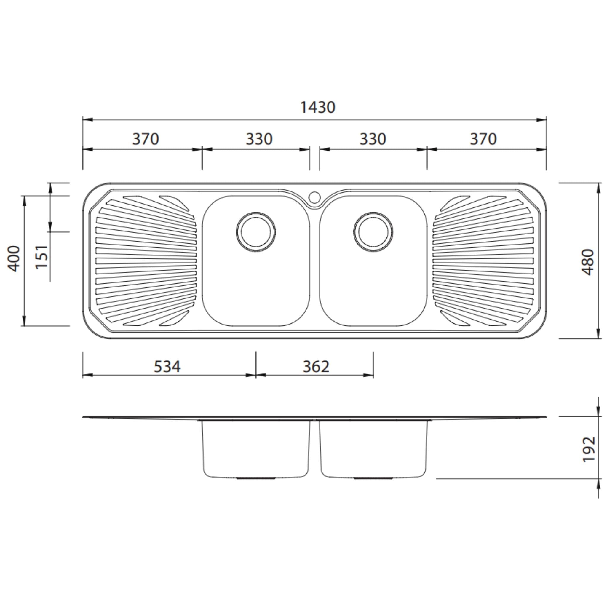 OLIVERI PETITE DOUBLE BOWL TOPMOUNT KITCHEN SINK WITH DOUBLE DRAINER STAINLESS STEEL 1430MM