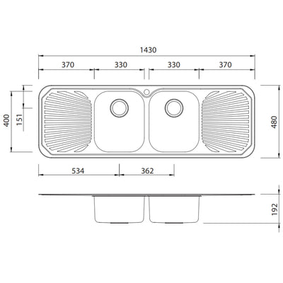OLIVERI PETITE DOUBLE BOWL TOPMOUNT KITCHEN SINK WITH DOUBLE DRAINER STAINLESS STEEL 1430MM