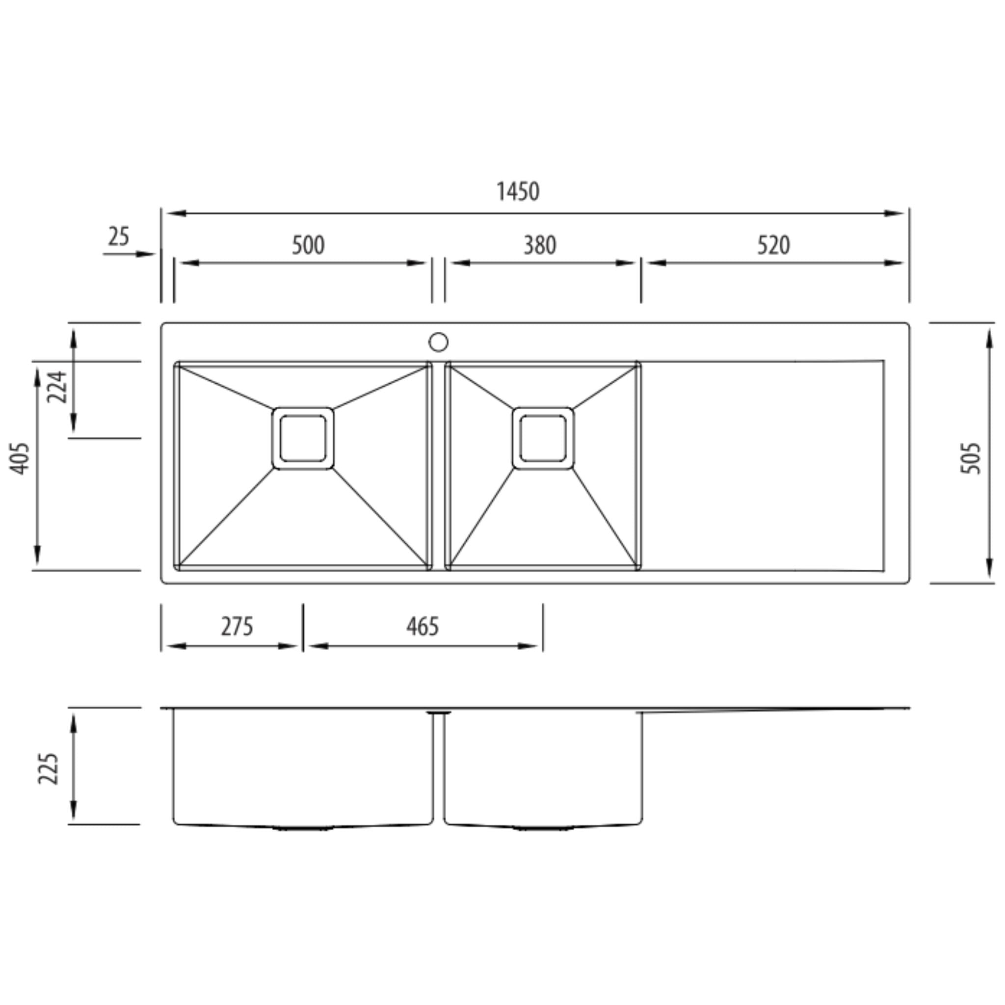 OLIVERI PROFESSIONAL 1 & 3/4 BOWL TOPMOUNT KITCHEN SINK WITH TAPHOLE & DRAINER STAINLESS STEEL 1450MM