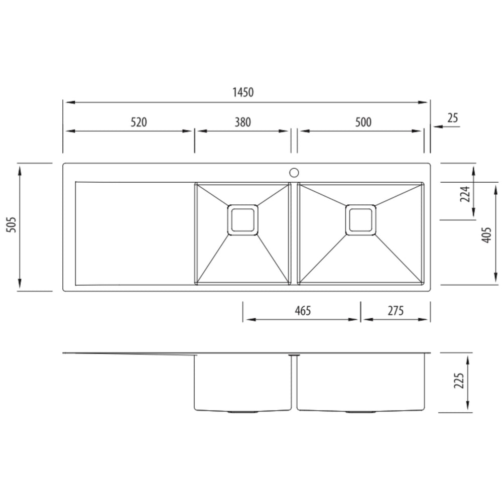 OLIVERI PROFESSIONAL 1 & 3/4 BOWL TOPMOUNT KITCHEN SINK WITH TAPHOLE & DRAINER STAINLESS STEEL 1450MM